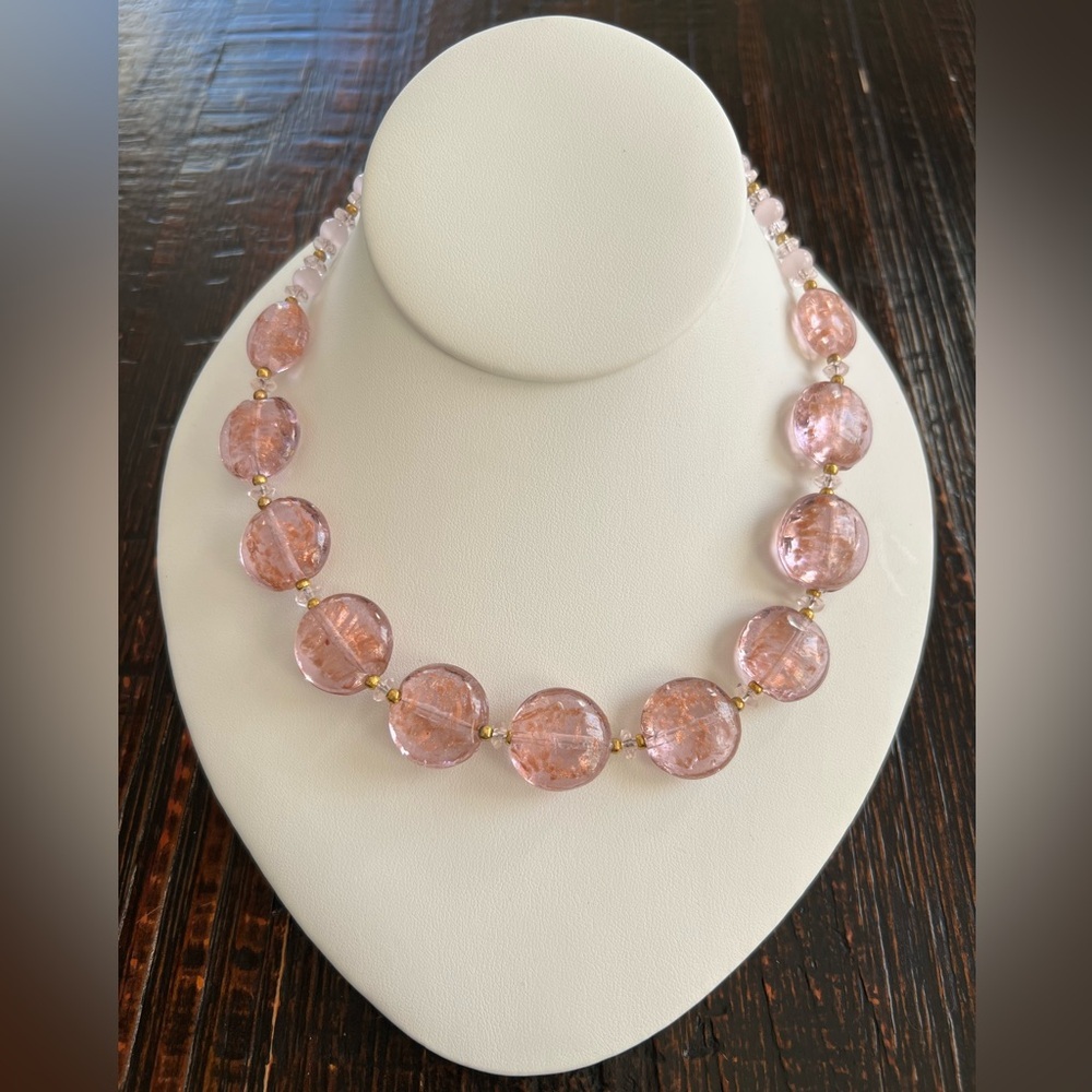 Guardian Artisan Pink Crackle Glass Bead Choker Necklace 14” Gold Foil Beads
